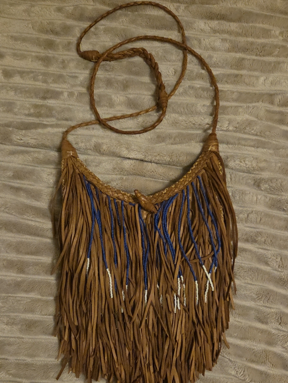 Anthropologie Fringe Leather Crossbody Bag w/ Blue & White Beaded Accents